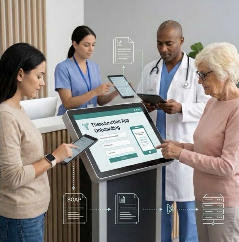 Healthcare professionals and patients using TheraJunction onboarding kiosks and tablets for a seamless clinical experience