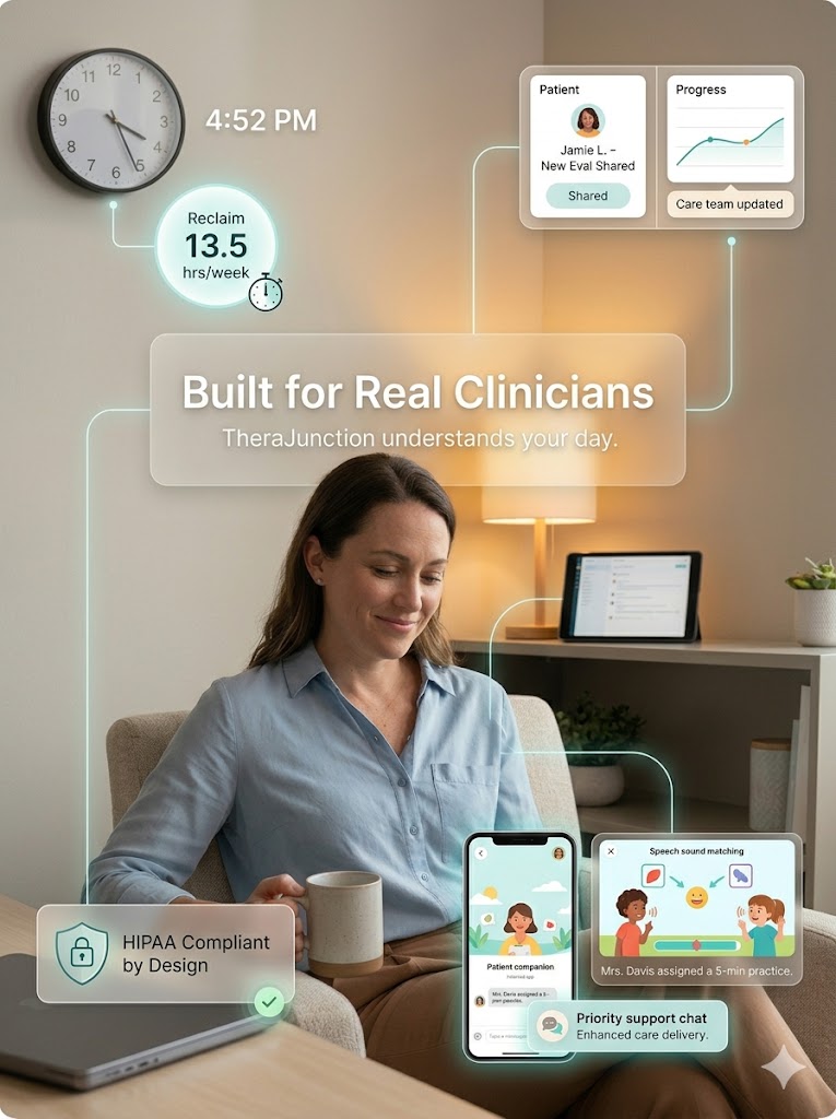 Clinician relaxing with a coffee while TheraJunction handles HIPAA-compliant documentation, progress tracking, and time reclamation in the background
