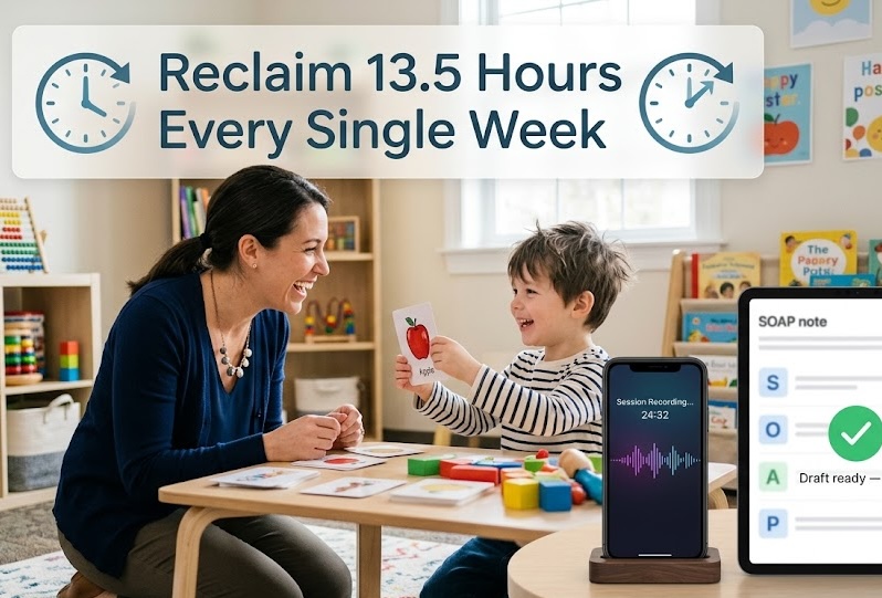 Clinician working with a child during a therapy session with TheraJunction AI Scribe recording on a phone